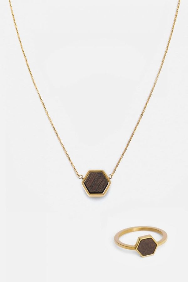 Schmuck Schmuckset Hexa Halskette Ring - Sandalwood Shiny Gold von Kerbholz