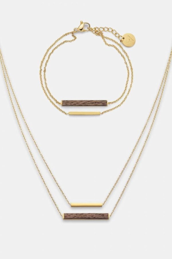 Schmuck Schmuckset Rectangle Halskette Armband - Walnuss Gold von Kerbholz