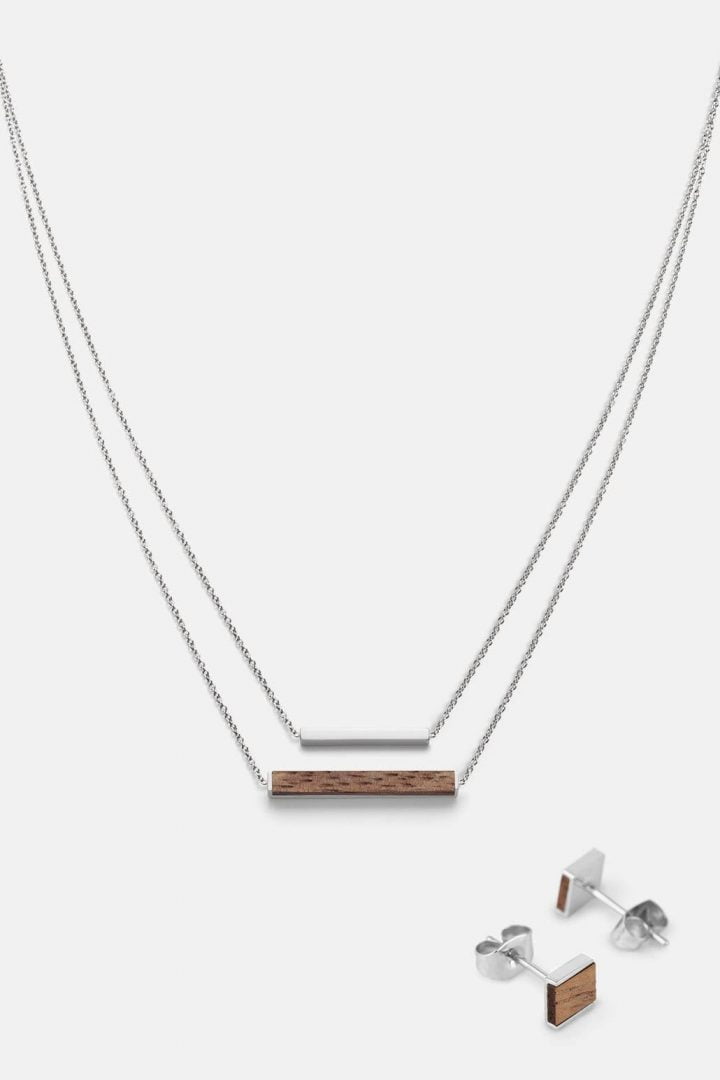 Schmuck Schmuckset Square Ohrring Rectangle Halskette - Walnuss Silber von Kerbholz