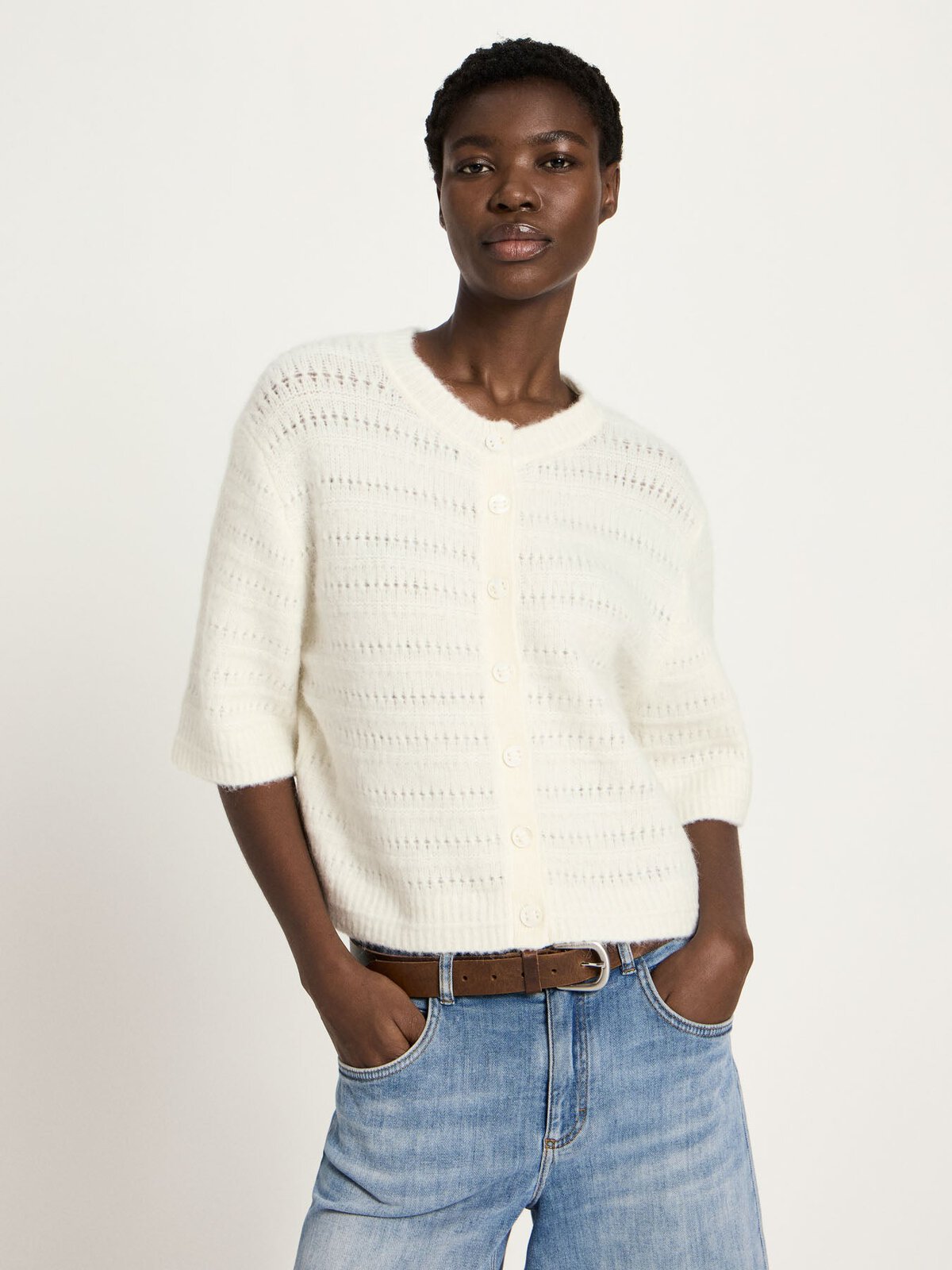 Strickjacke 3/4 Arm mit Ajour - Off White von Lanius