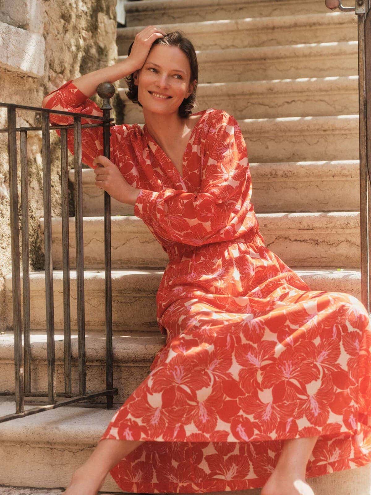Bluse mit Kräuseln (GOTS) - Print Bloom Red von Lanius