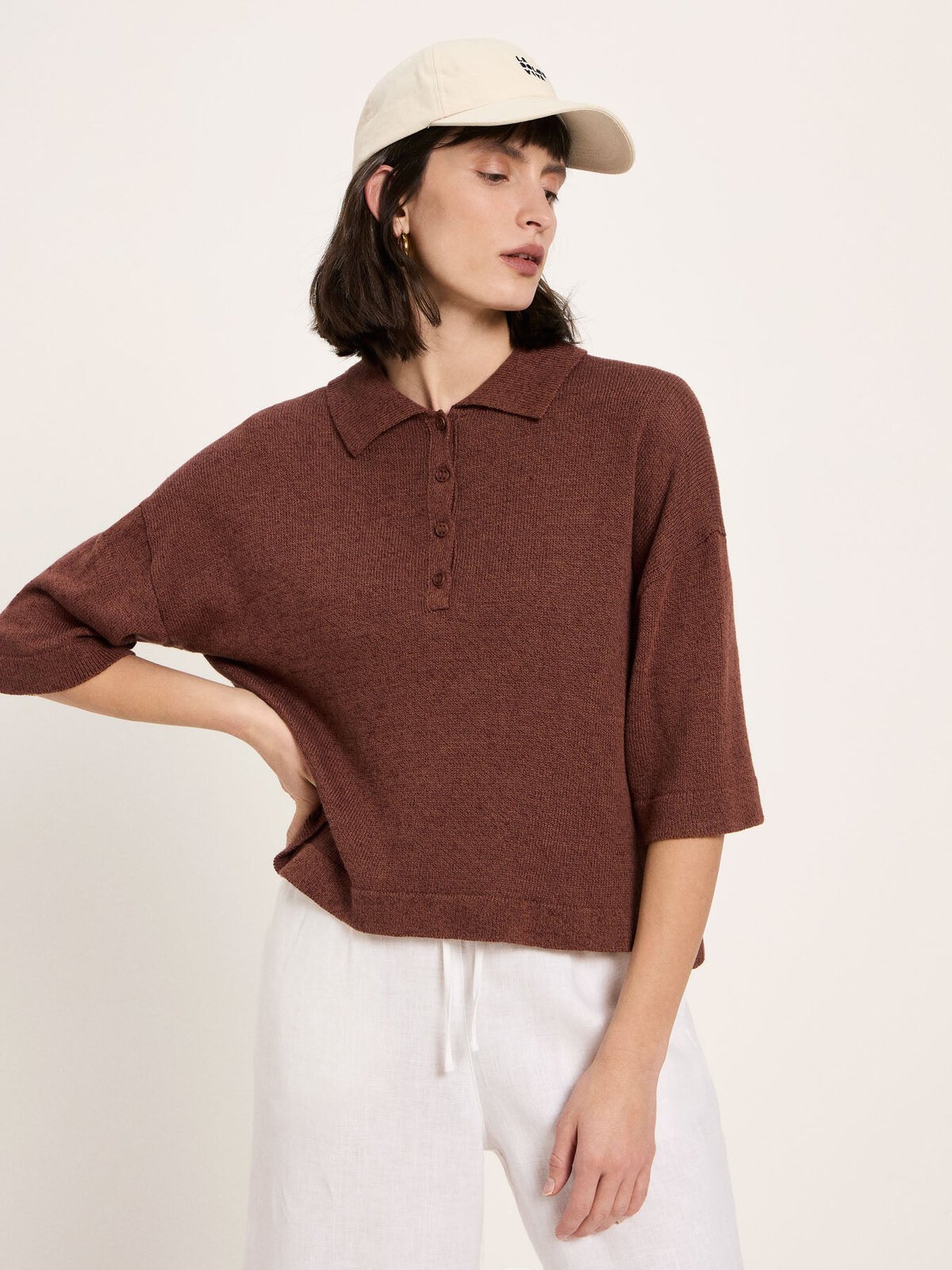 Halbarmpullover mit Polo-Kragen - Dark Mocca von Lanius
