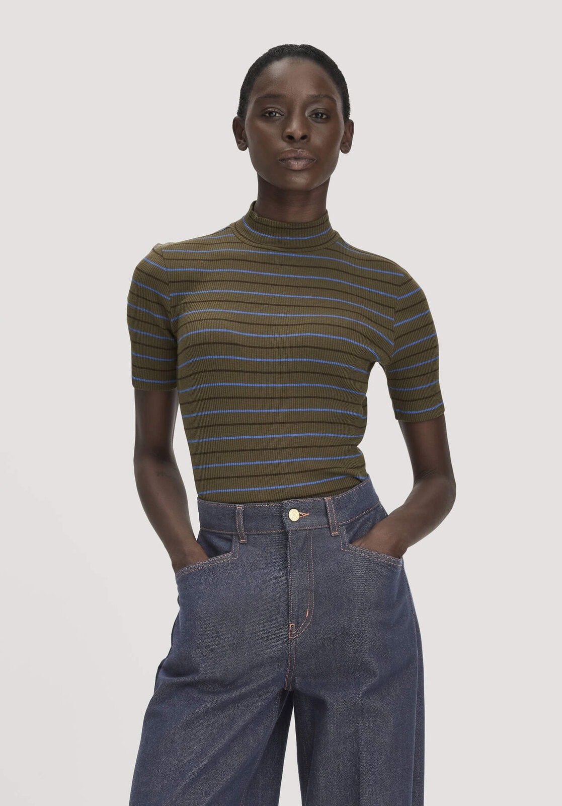 Damen Slubrib Streifen T-Shirt Slim aus Bio-Baumwolle - grün von Hessnatur