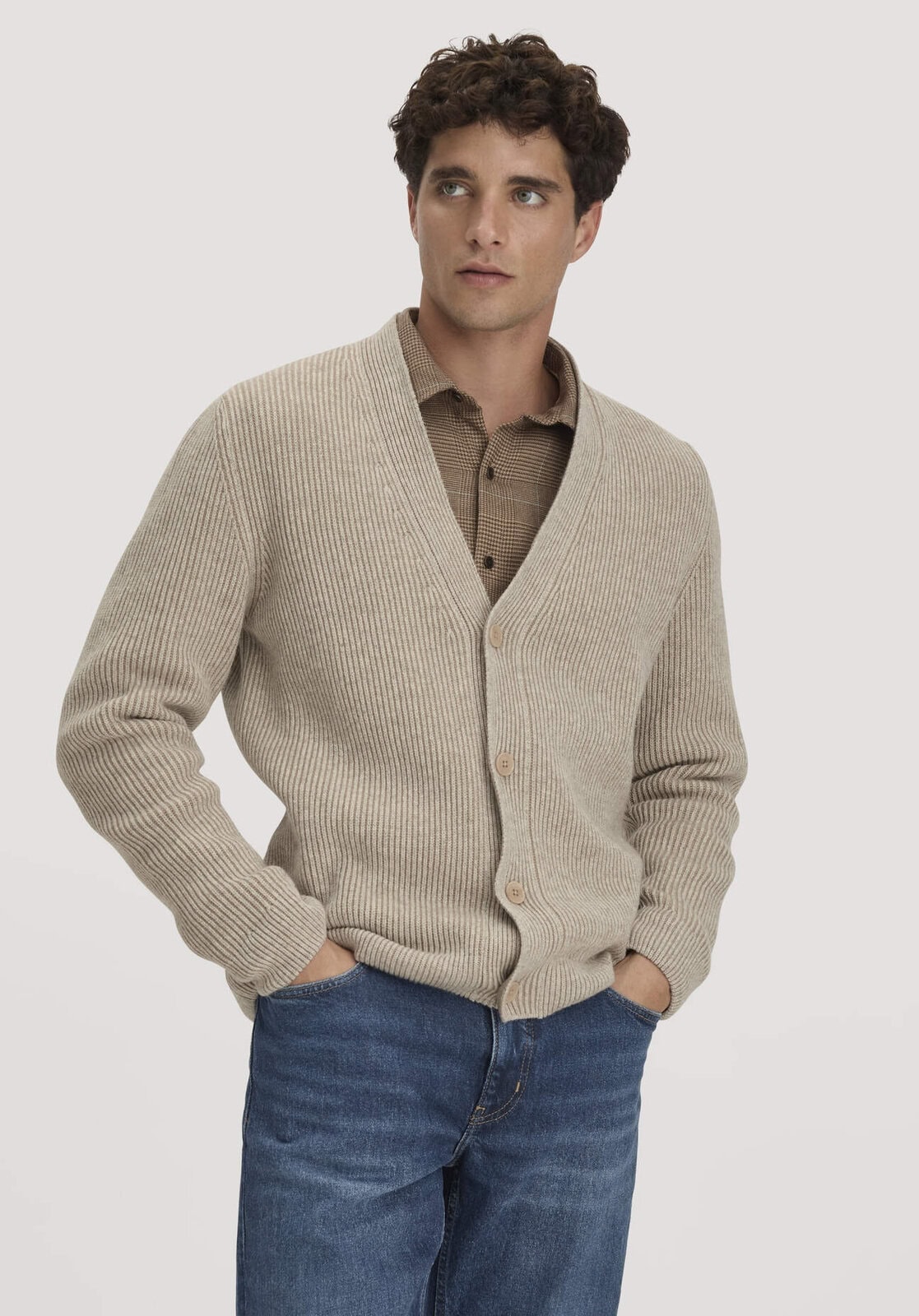 Herren Double-Knit Cardigan Regular aus Bio-Baumwolle und Bio-Merinowolle mit recycelter Wolle - beige von Hessnatur
